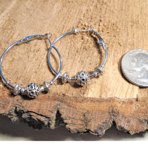 2/$25 Pretty Large Hoops earrings Tibet Antique Silver oxidized Bali beads - Picture 5 of 5